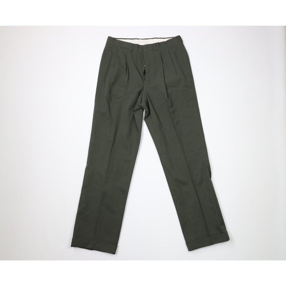 Vintage 30s Mens 30x30 Wool Pleated Button Fly Cuffed Pants Trousers Green USA